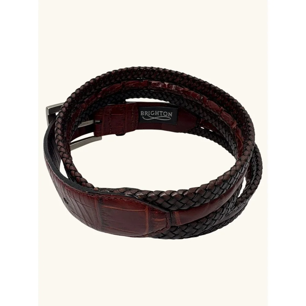 Brighton Mahogany Croc Embossed Leather Braided Belt Brown Silver Buckle 32